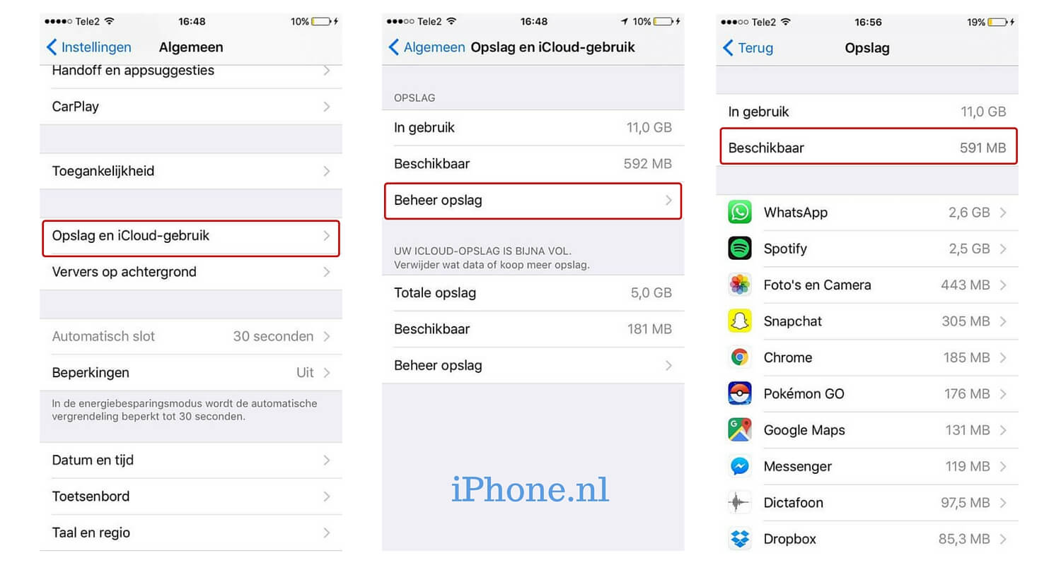 opslagruimte beheren iphone